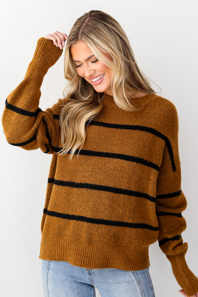Camel Striped Oversized Sweater on dress up model