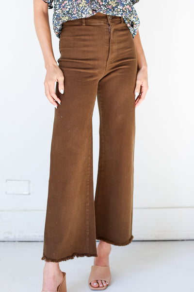 brown Wide Leg Jeans close up view on model