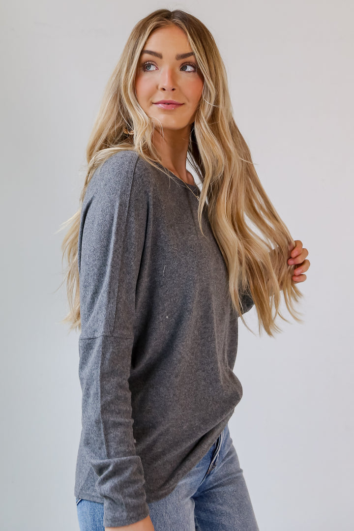 charcoal Brushed Knit Top side view