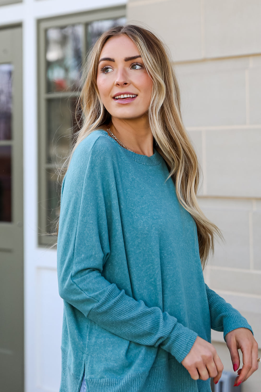 casual teal Brushed Knit Top