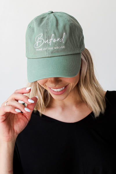 Green Buford Home Of The Wolves Embroidered Hat close up