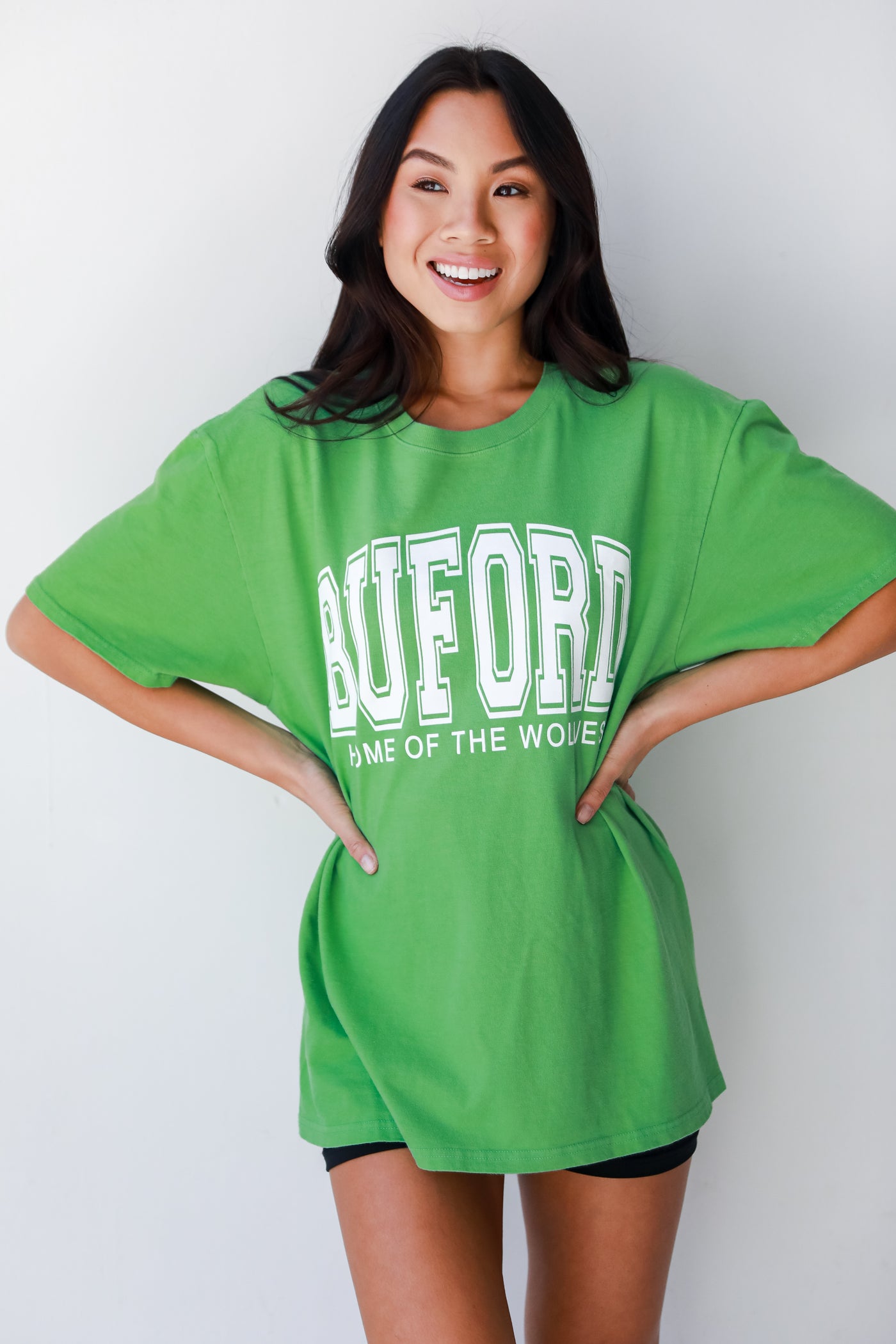 Green Buford Home Of The Wolves Block Letter Tee front view