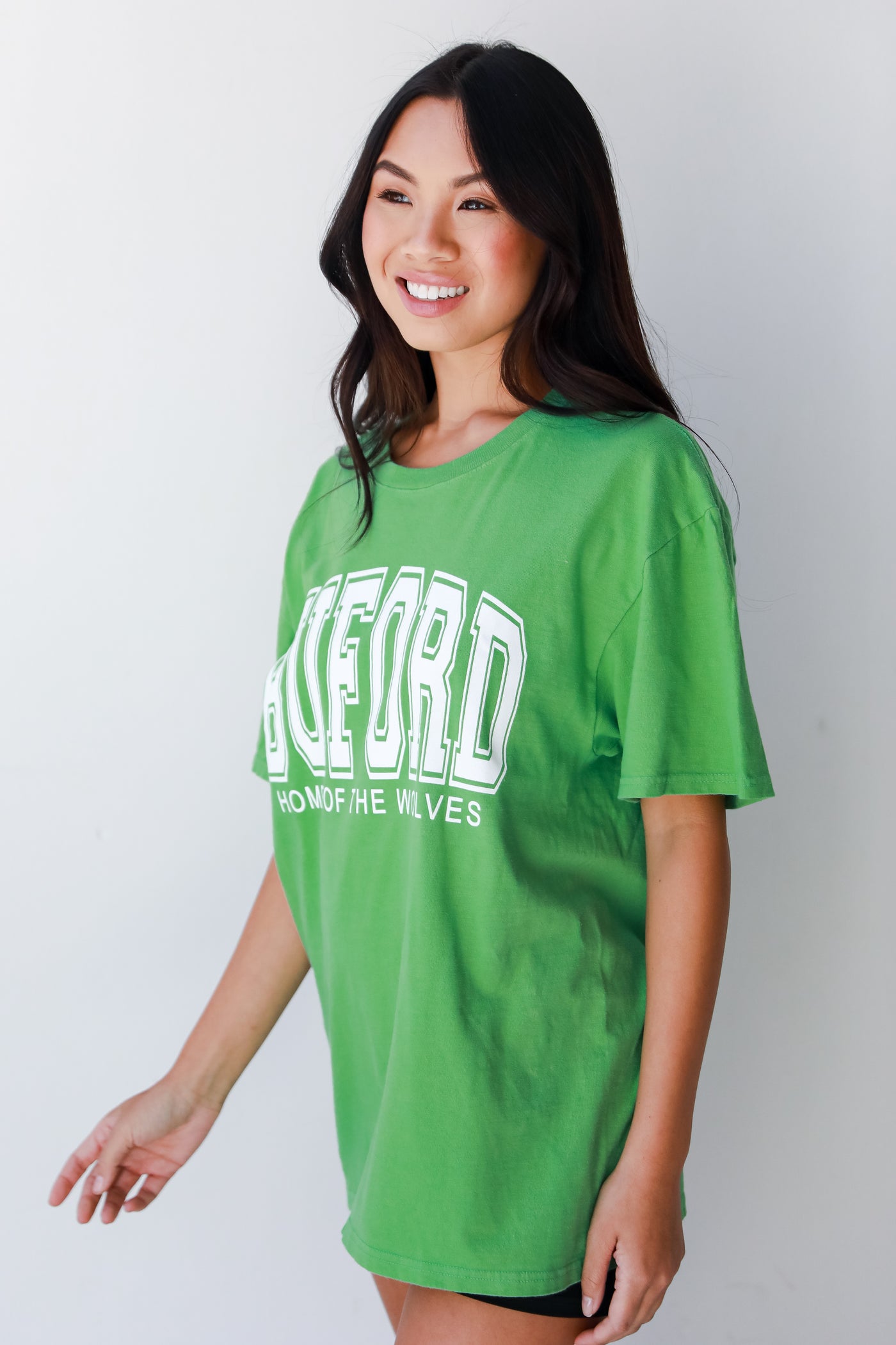 Green Buford Home Of The Wolves Block Letter Tee side view