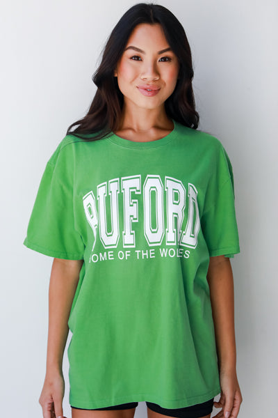 Green Buford Home Of The Wolves Block Letter Tee on model