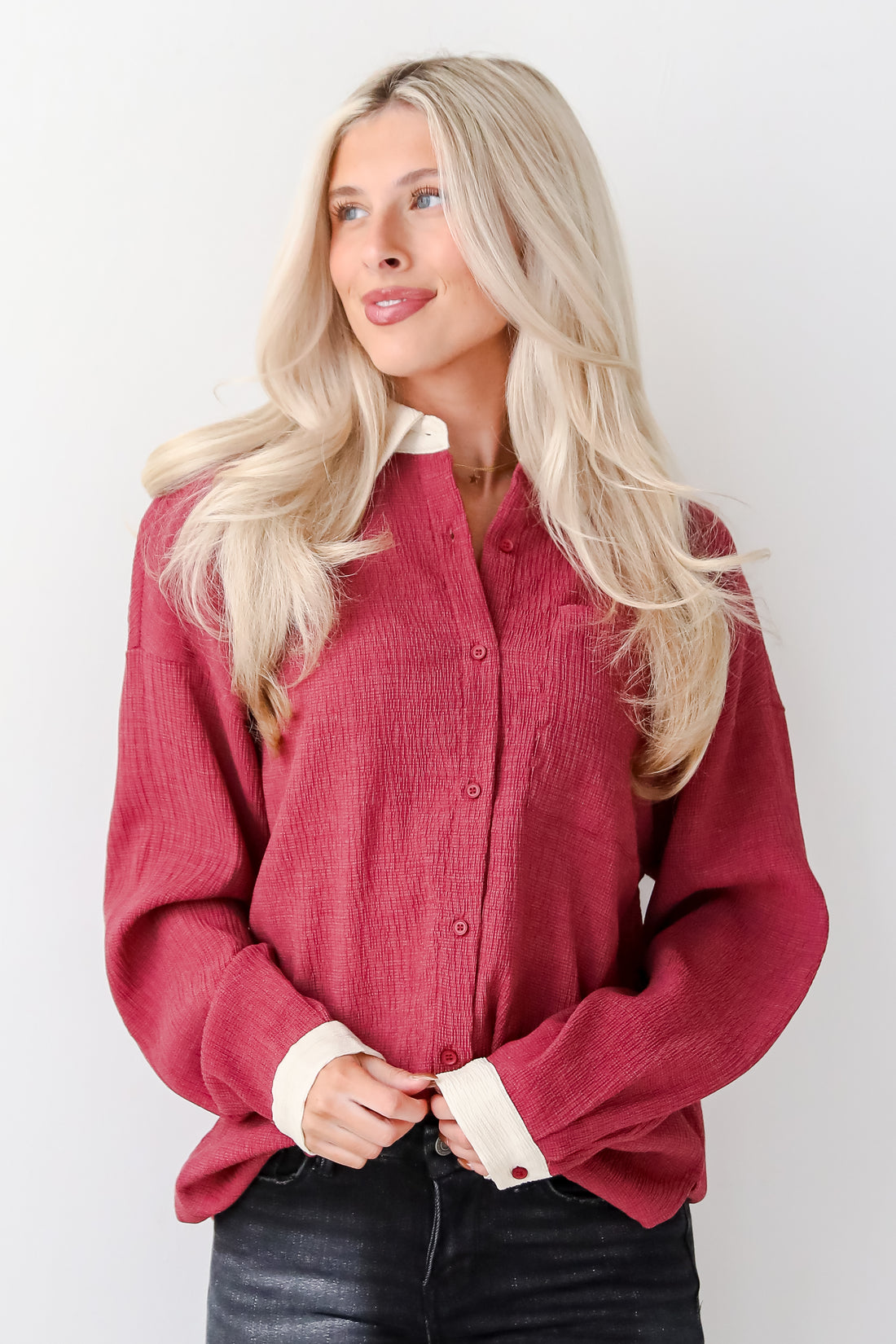 Instant Stunner Burgundy Textured Button-Up Blouse