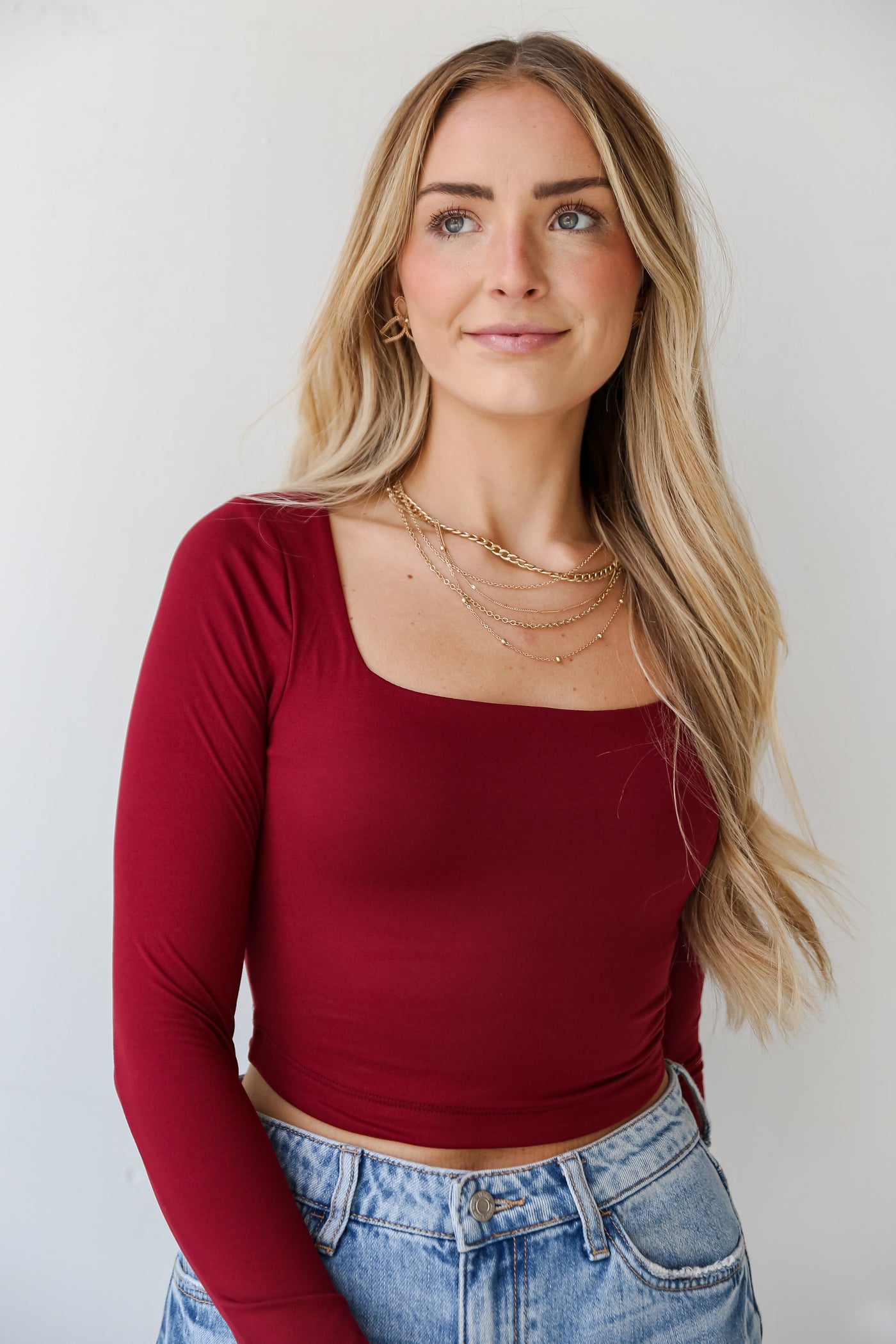 casual Burgundy Square Neck Crop Top