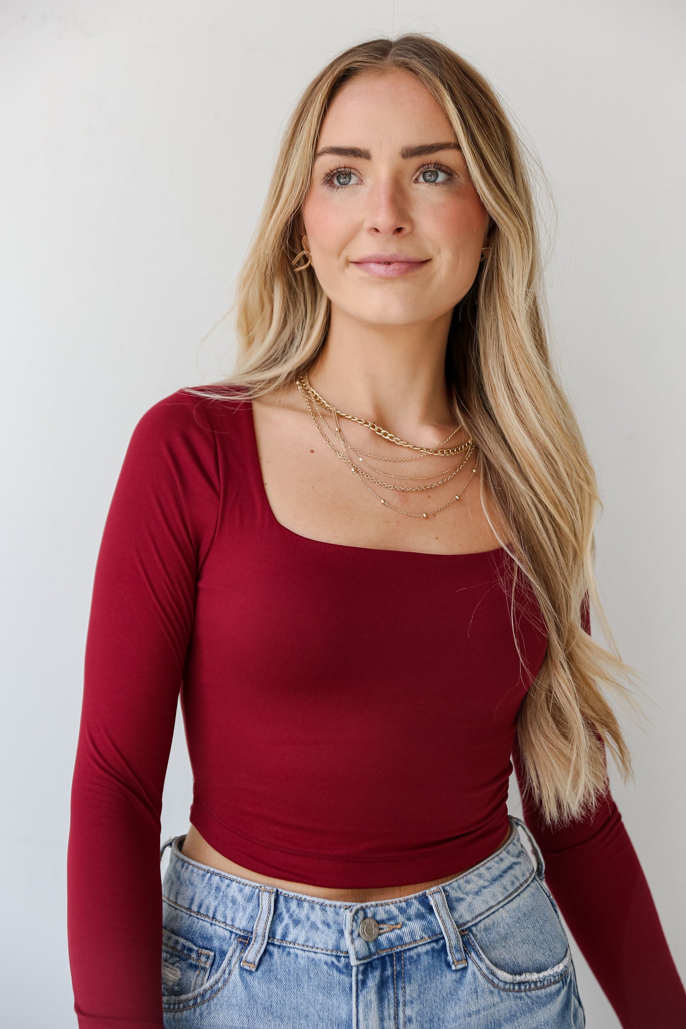 basic Burgundy Square Neck Crop Top for women