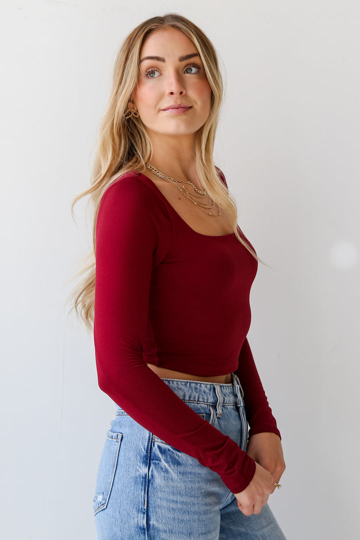 long sleeve Burgundy Square Neck Crop Top