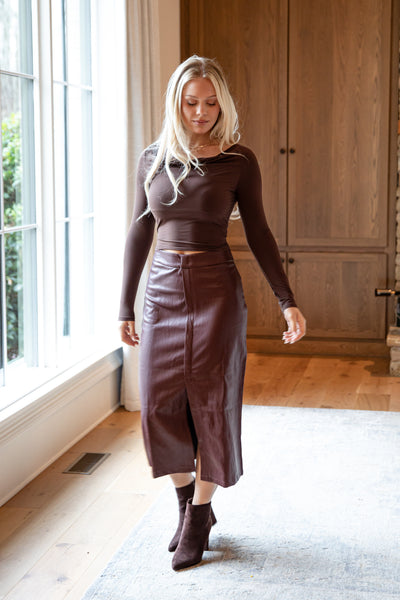 FINAL SALE - Holiday Burgundy Faux Leather Midi Skirt FINAL SALE - Holiday Burgundy Faux Leather Midi Skirt