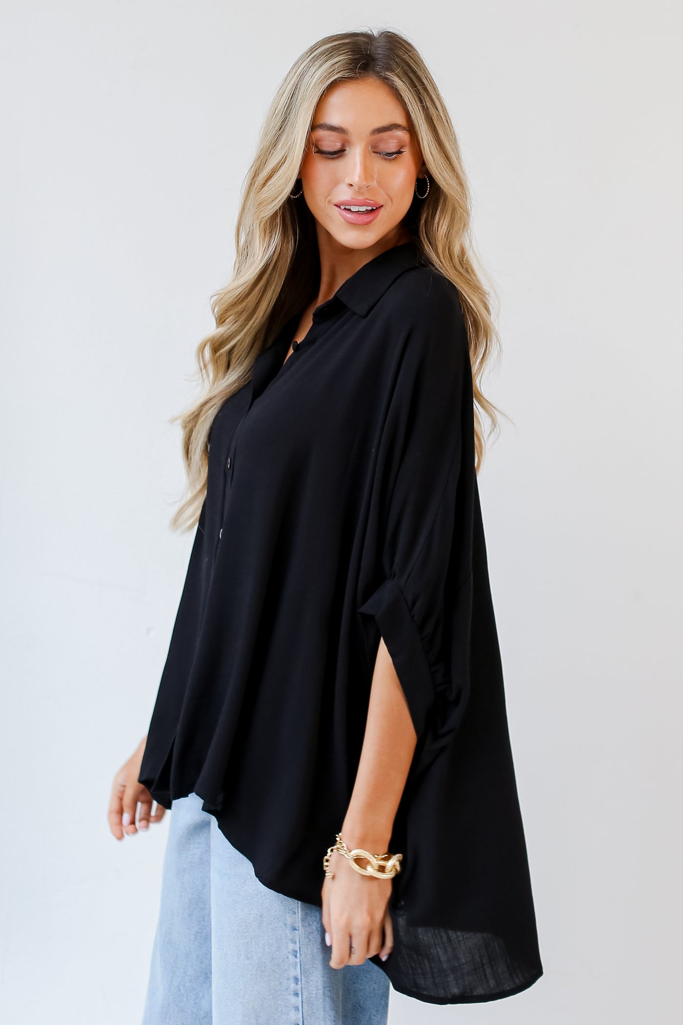 black Oversized Button-Up Blouse side view