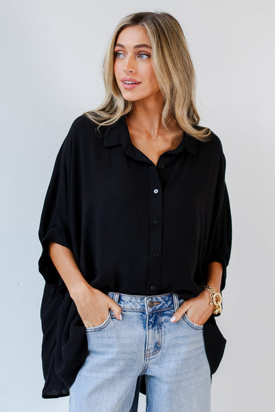 black Oversized Button-Up Blouse front view