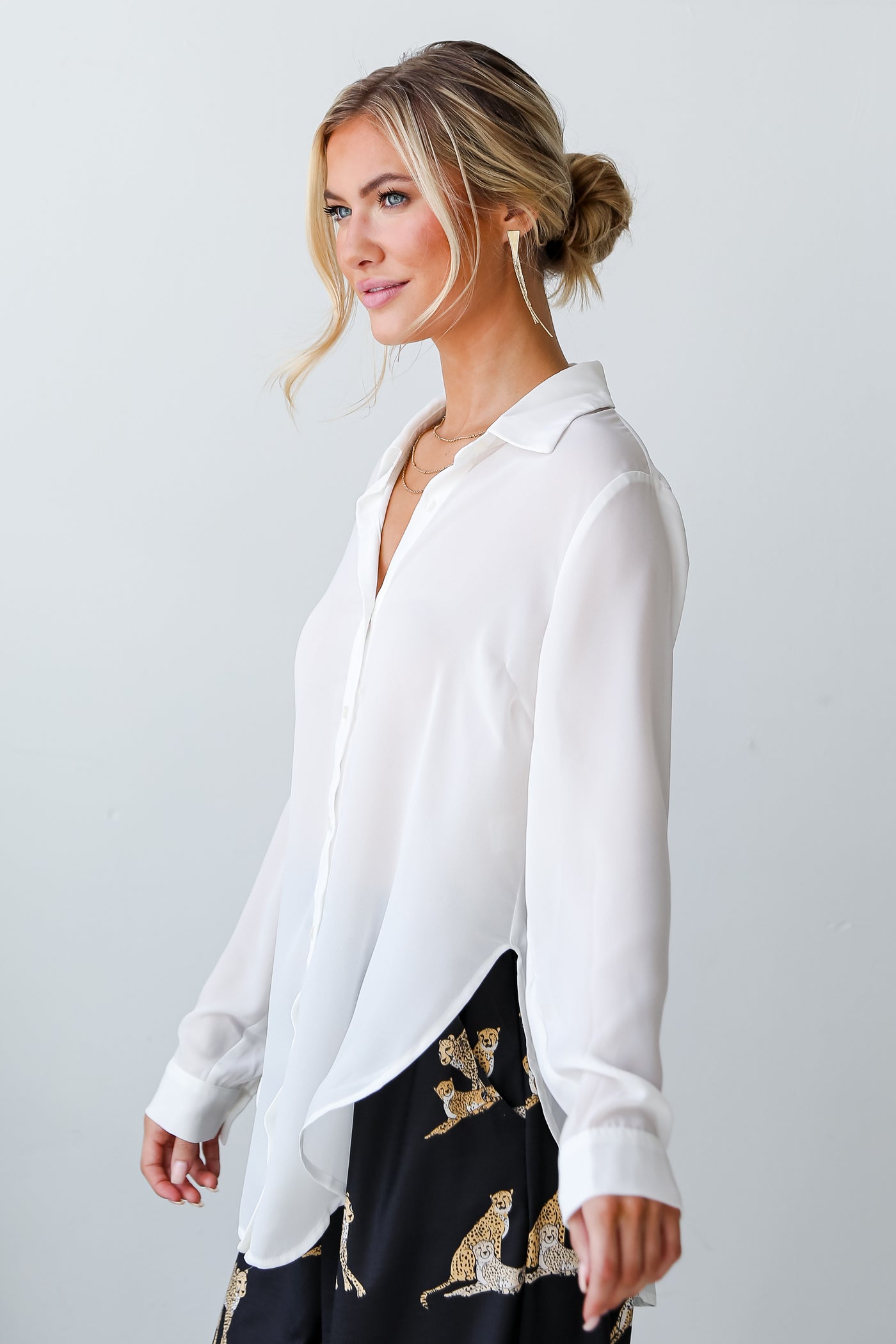 classic white Button-Up Blouse side view