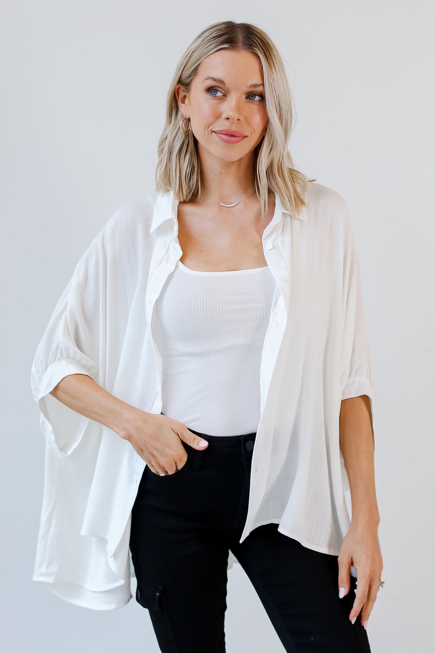 white Oversized Button-Up Blouse unbuttoned