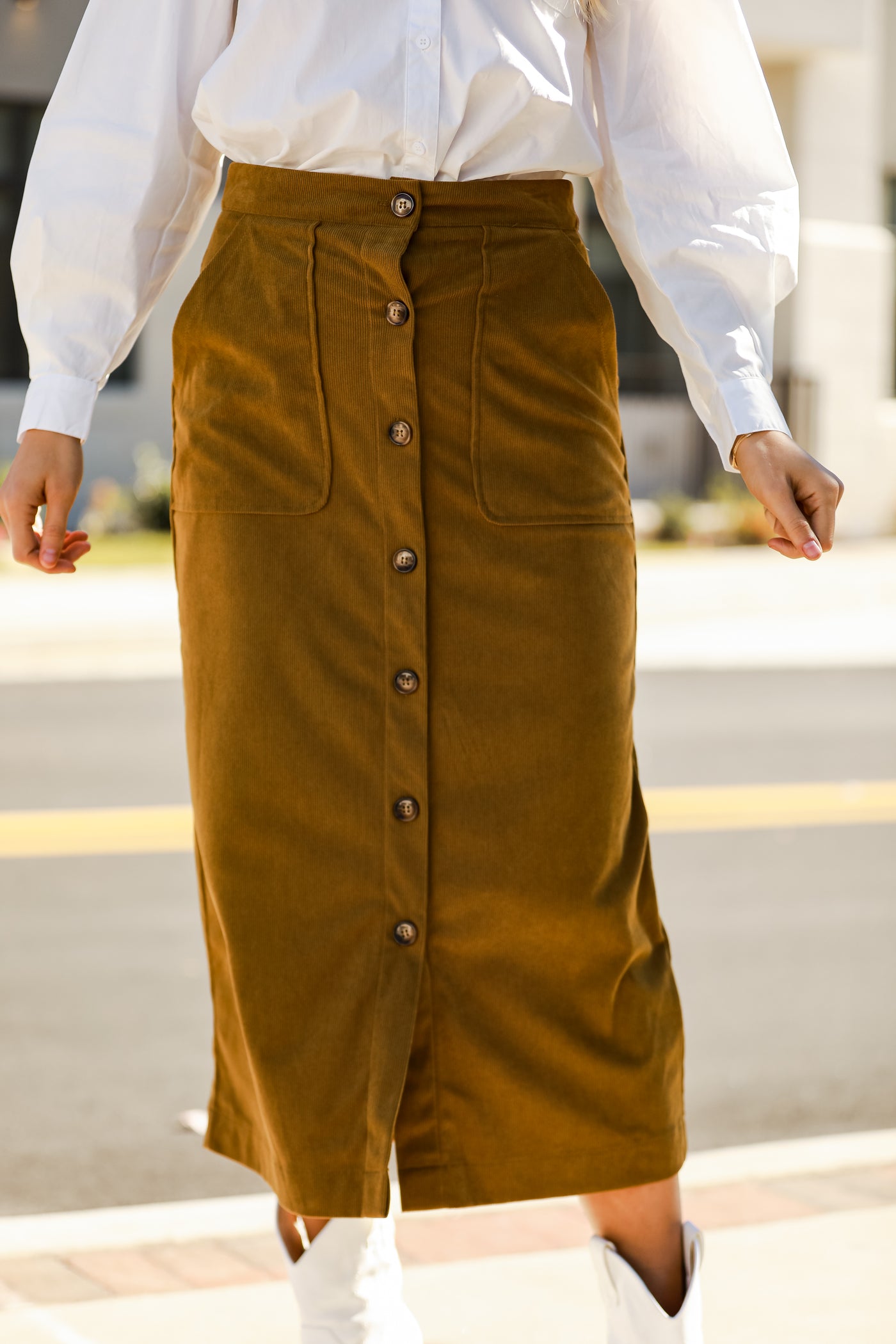 Olive Corduroy Midi Skirt