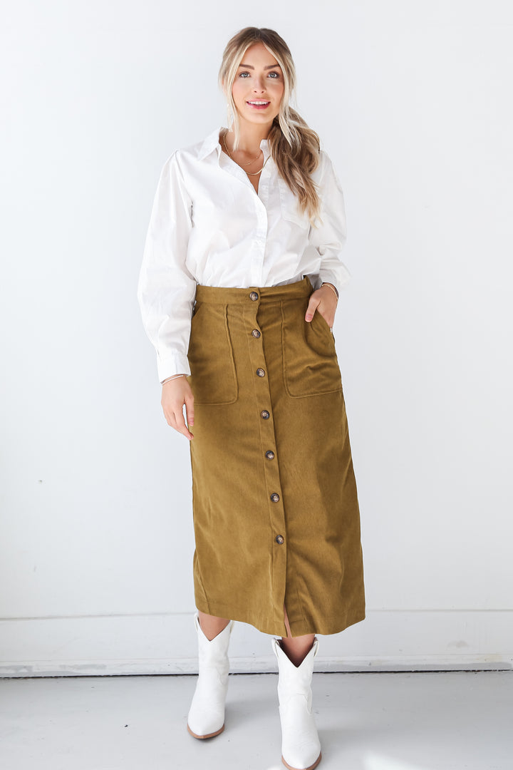 trendy Olive Corduroy Midi Skirt