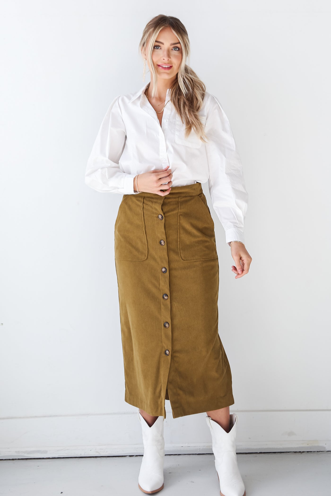 Olive Corduroy Midi Skirt for fall