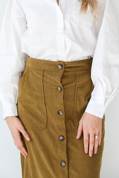 Olive Corduroy Midi Skirt close up