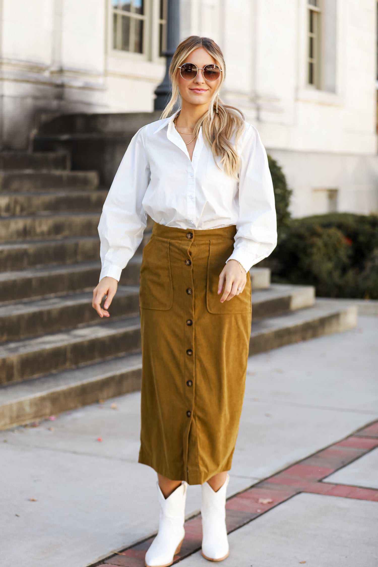 cute Olive Corduroy Midi Skirt