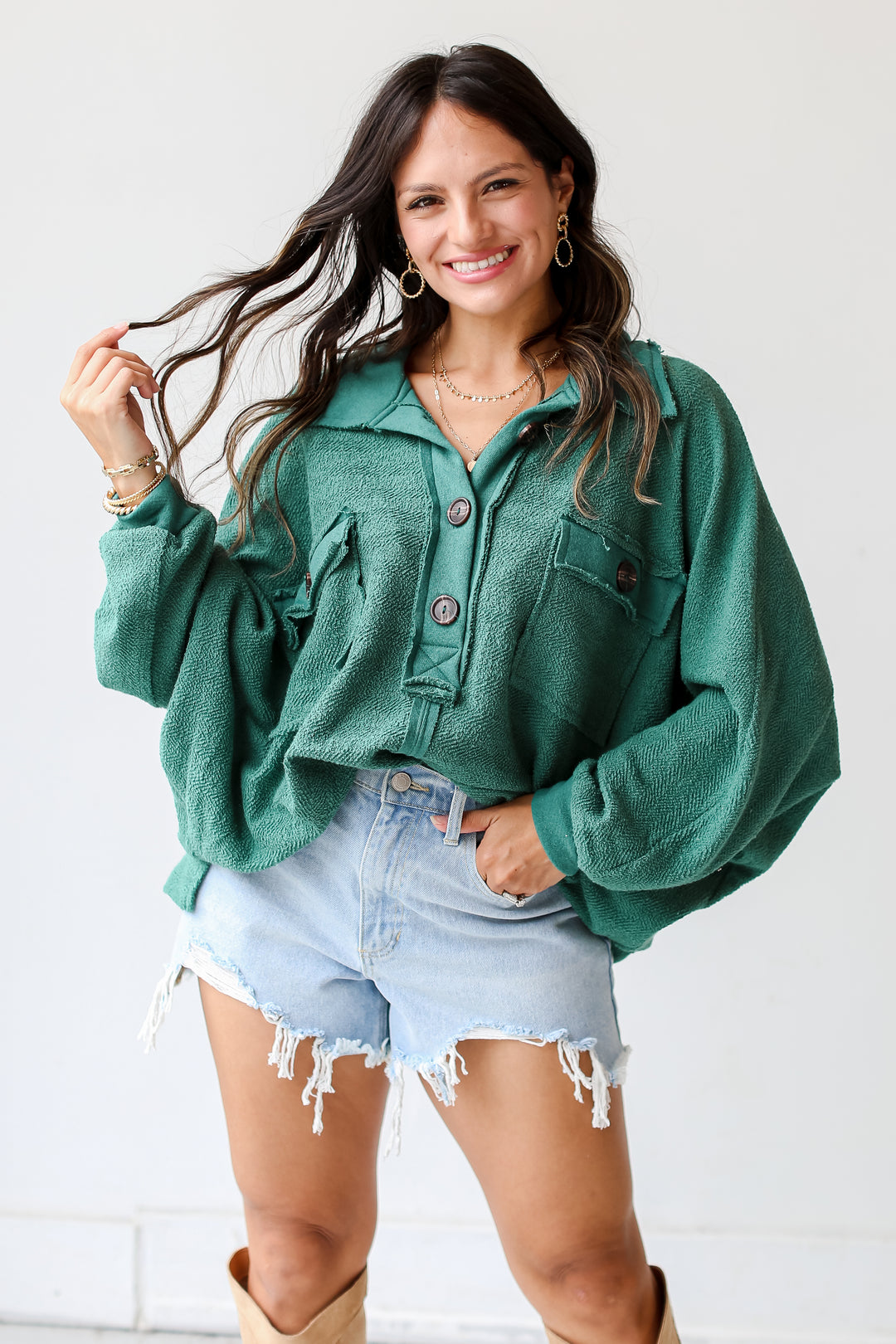 hunter green Oversized Collared Top on dress up model