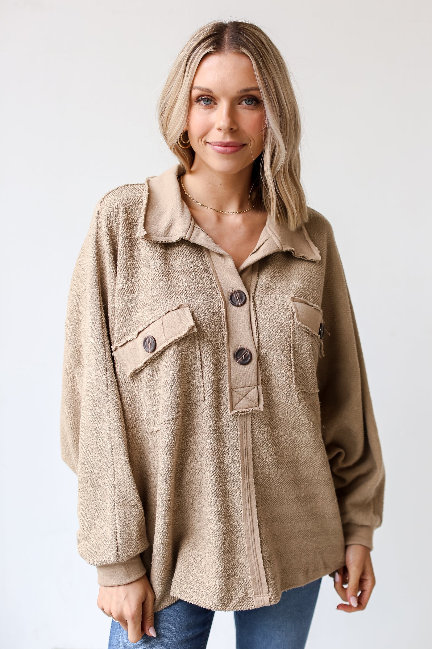taupe Oversized Collared Top front view