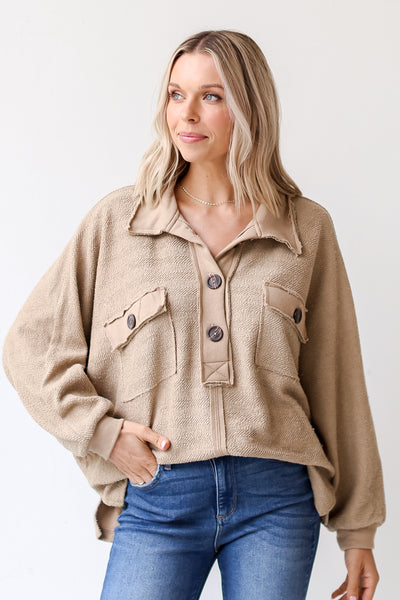 taupe Oversized Collared Top front view