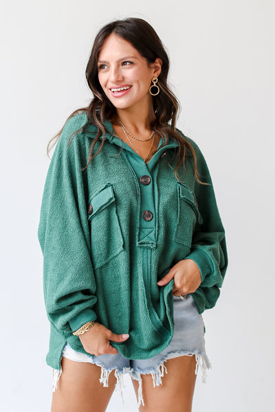hunter green Oversized Collared Top front view