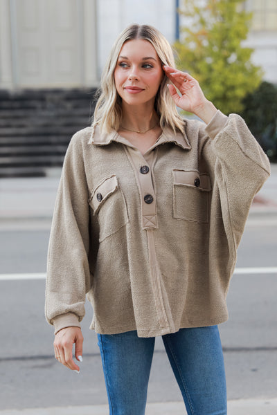 taupe Oversized Collared Top on model