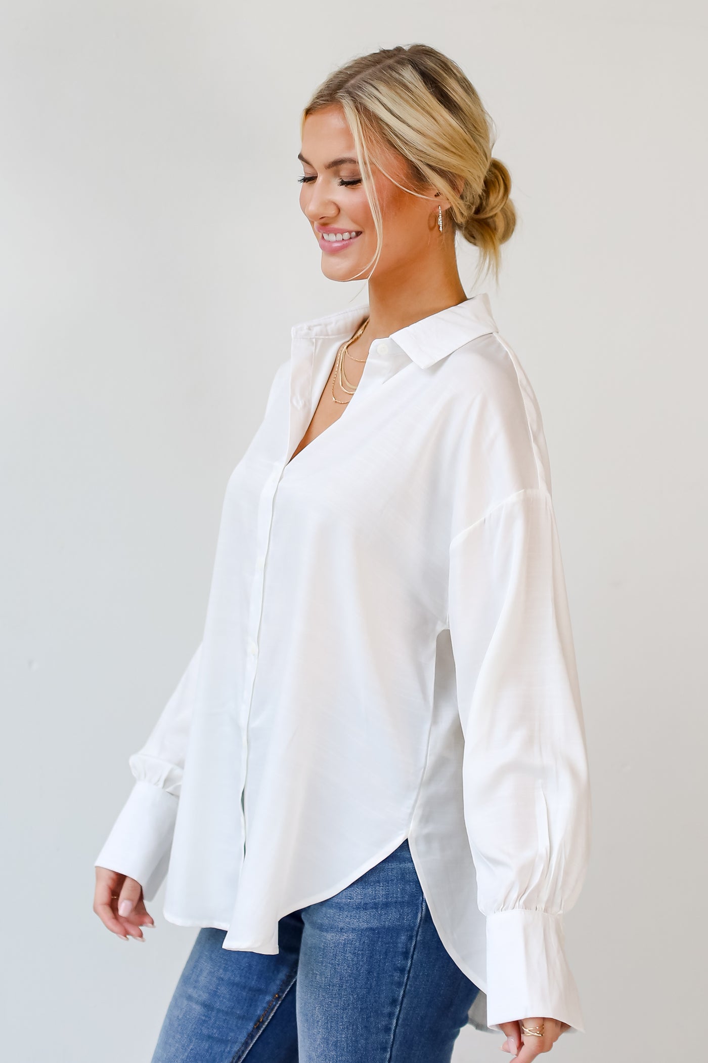 white Satin Button-Up Blouse side view