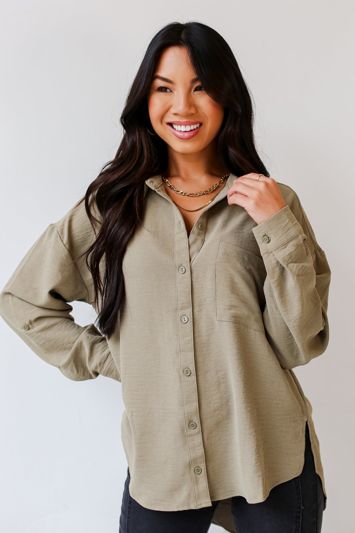 olive Button-Up Blouse front view