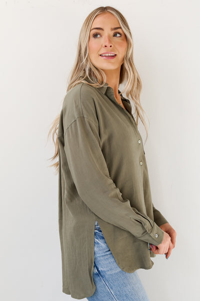 olive green Linen Button-Up Blouse
