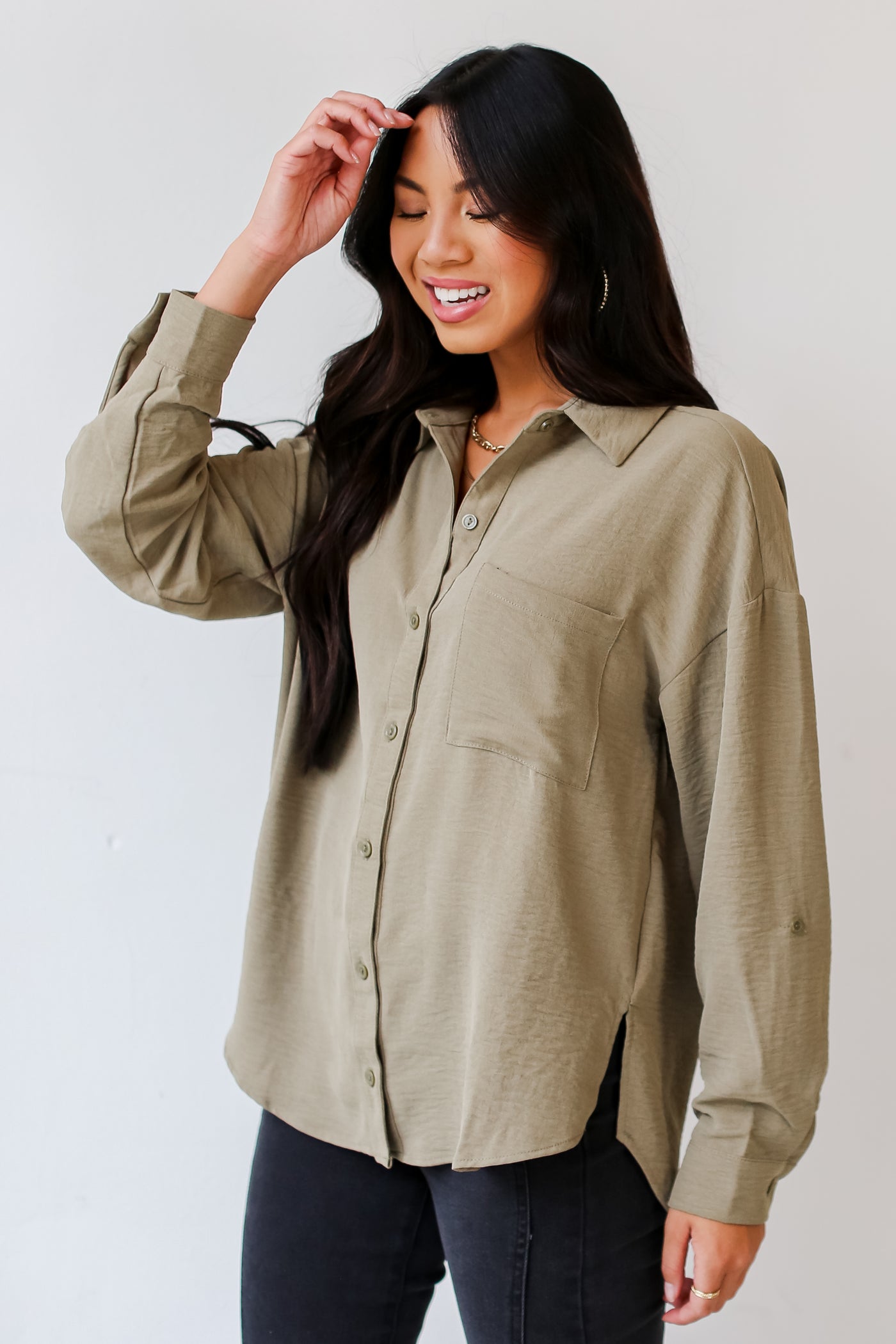 olive Button-Up Blouse side view