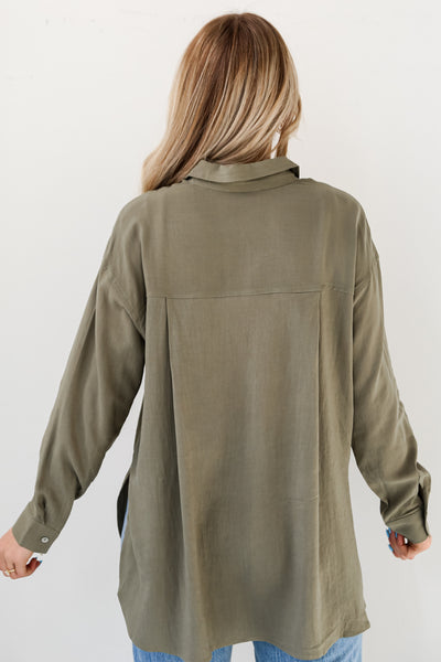 green Linen Button-Up Blouse for spring