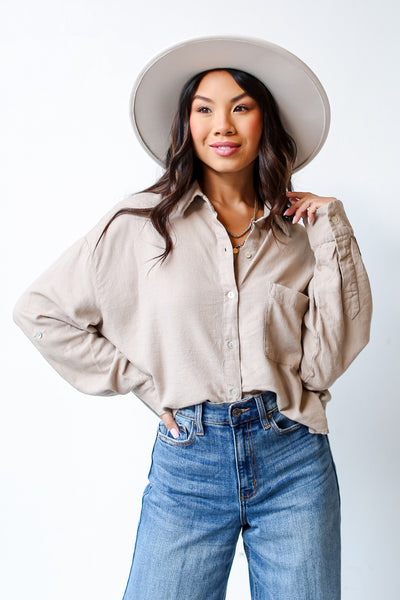 taupe Linen Button-Up Blouse front view