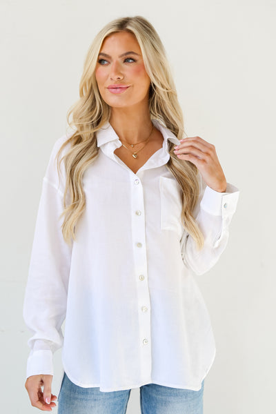 white Linen Button-Up Blouse front view