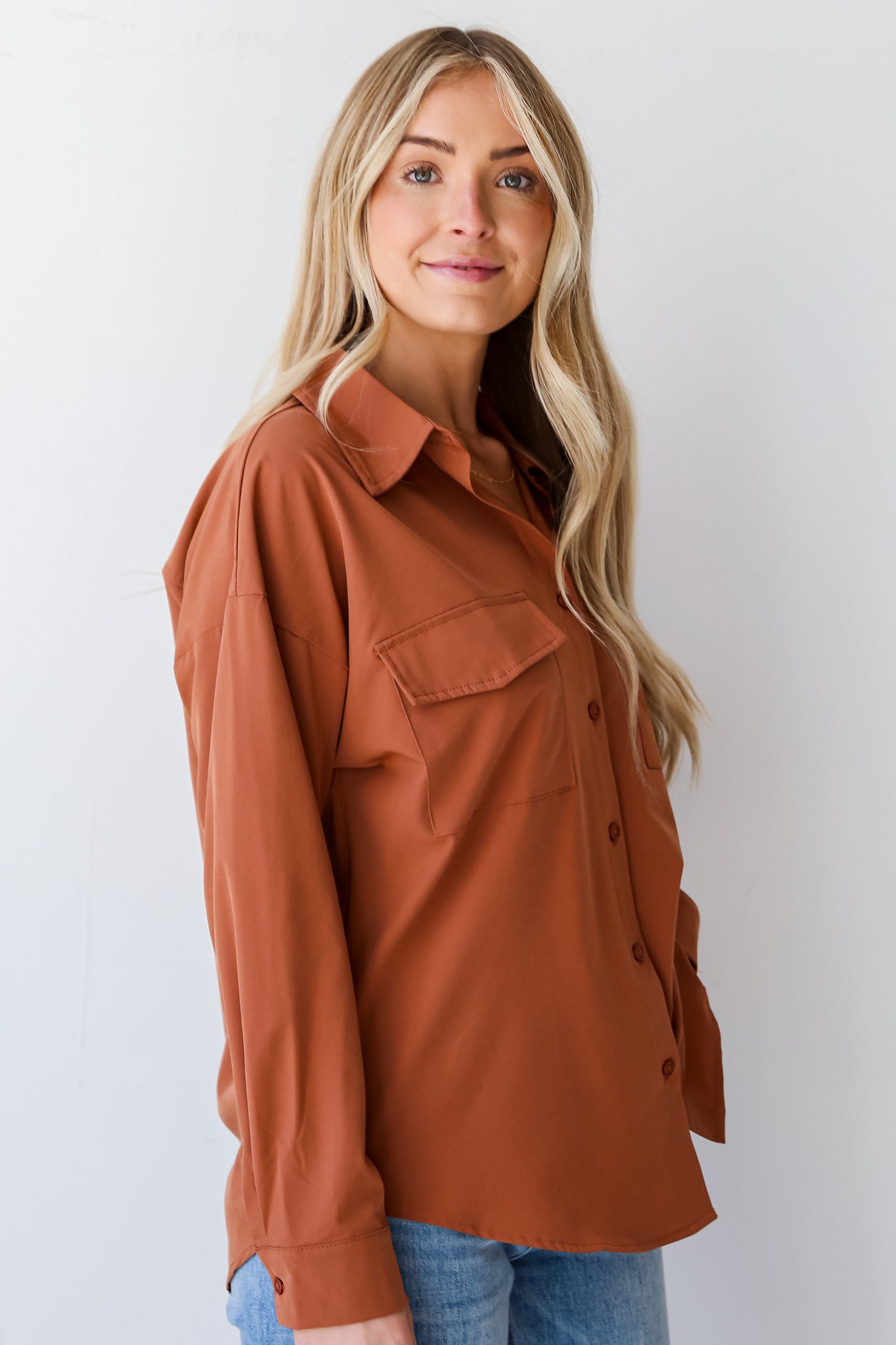 classic brown Button-Up Blouse
