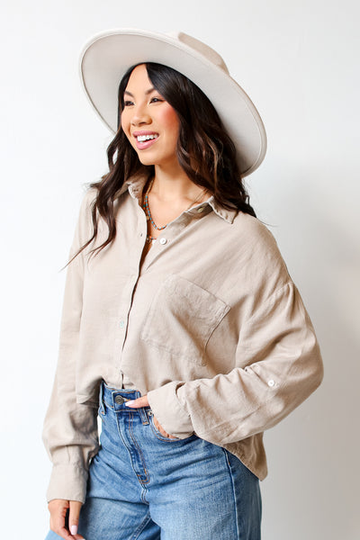 taupe Linen Button-Up Blouse side view