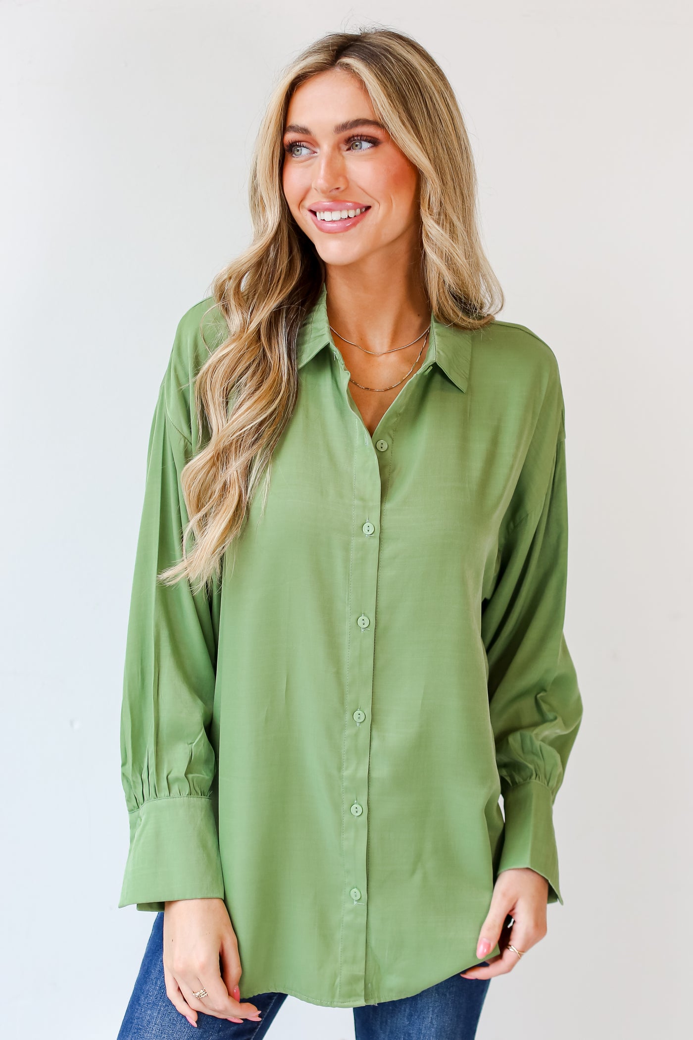 sage Satin Button-Up Blouse untucked
