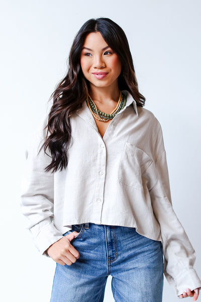 grey Linen Button-Up Blouse front view