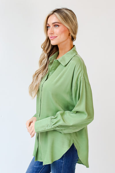 sage Satin Button-Up Blouse side view