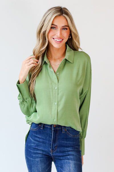 sage Satin Button-Up Blouse front view