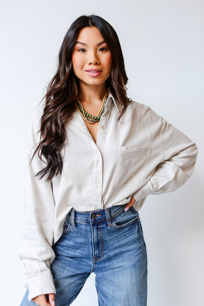 grey Linen Button-Up Blouse tucked in