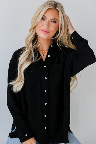 black Linen Button-Up Blouse for women
