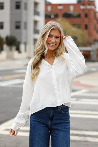 white Cropped Button-Up Blouse