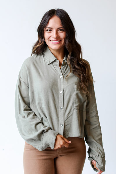 olive Linen Button-Up Blouse front view