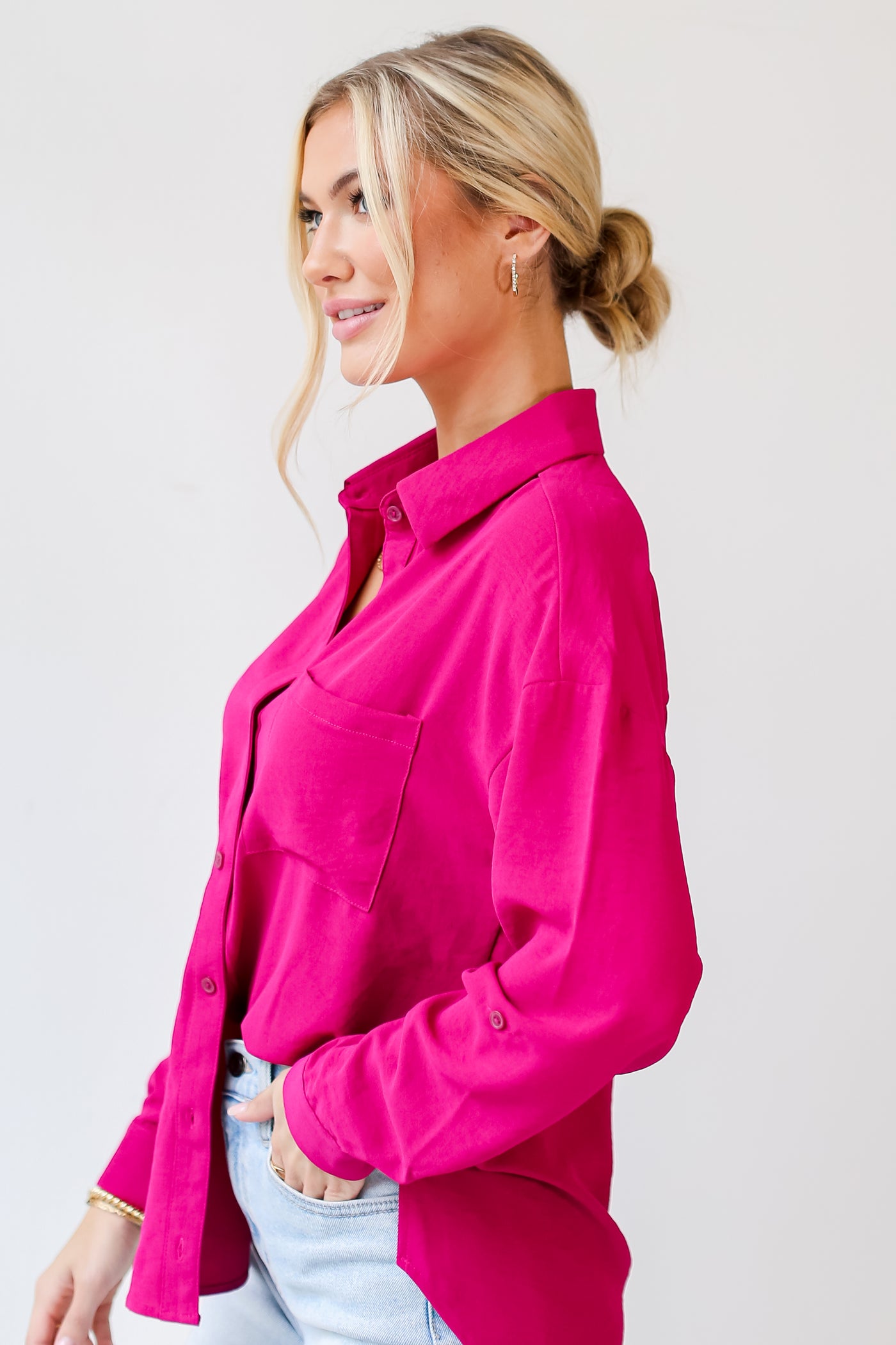 pink Button-Up Blouse side view