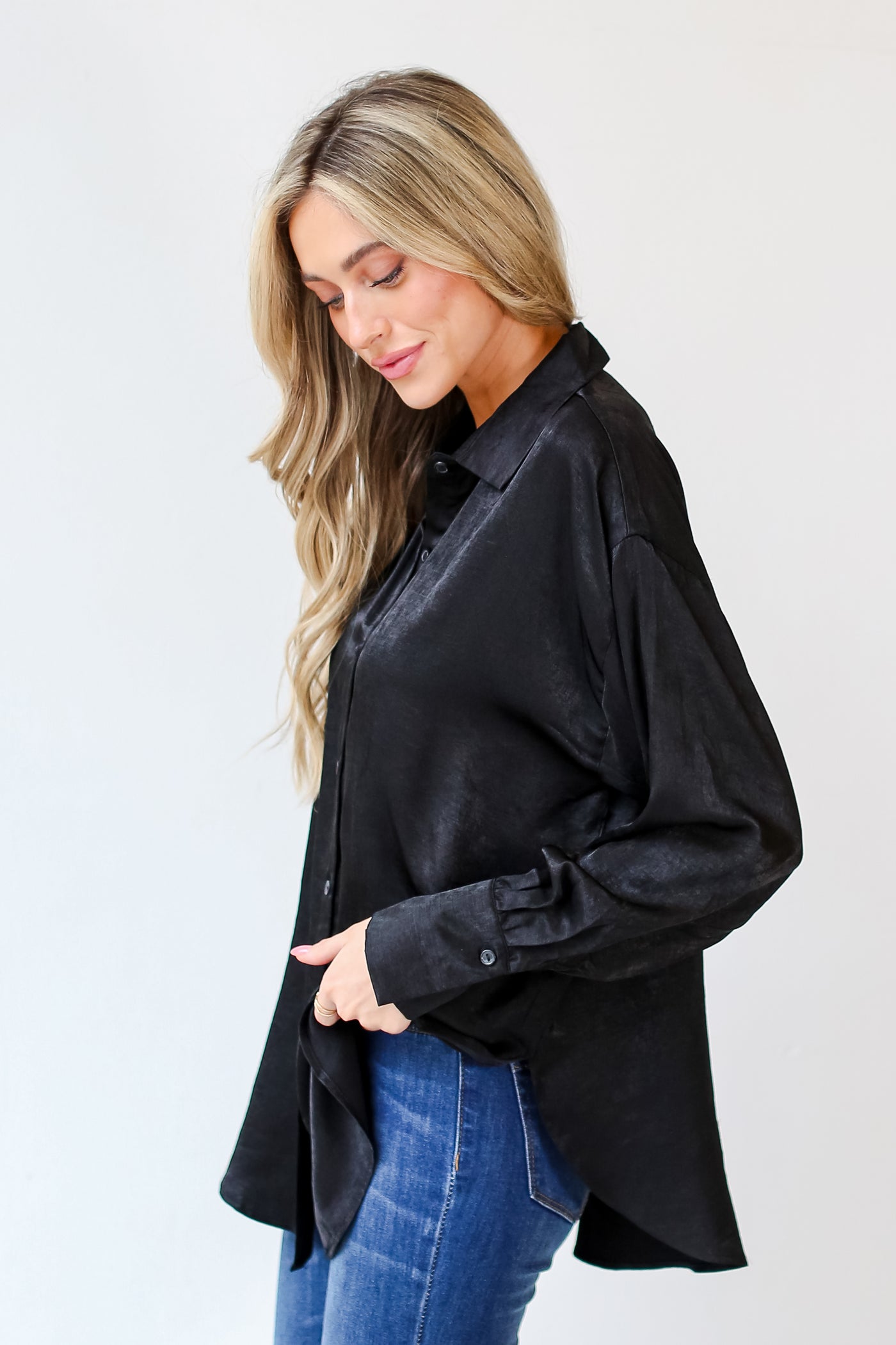 black Satin Button-Up Blouse side view