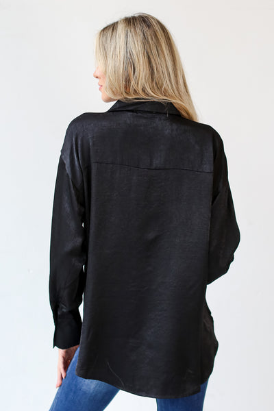 black Satin Button-Up Blouse back view