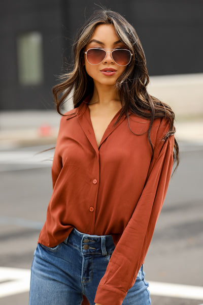 chic rust Cropped Button-Up Blouse