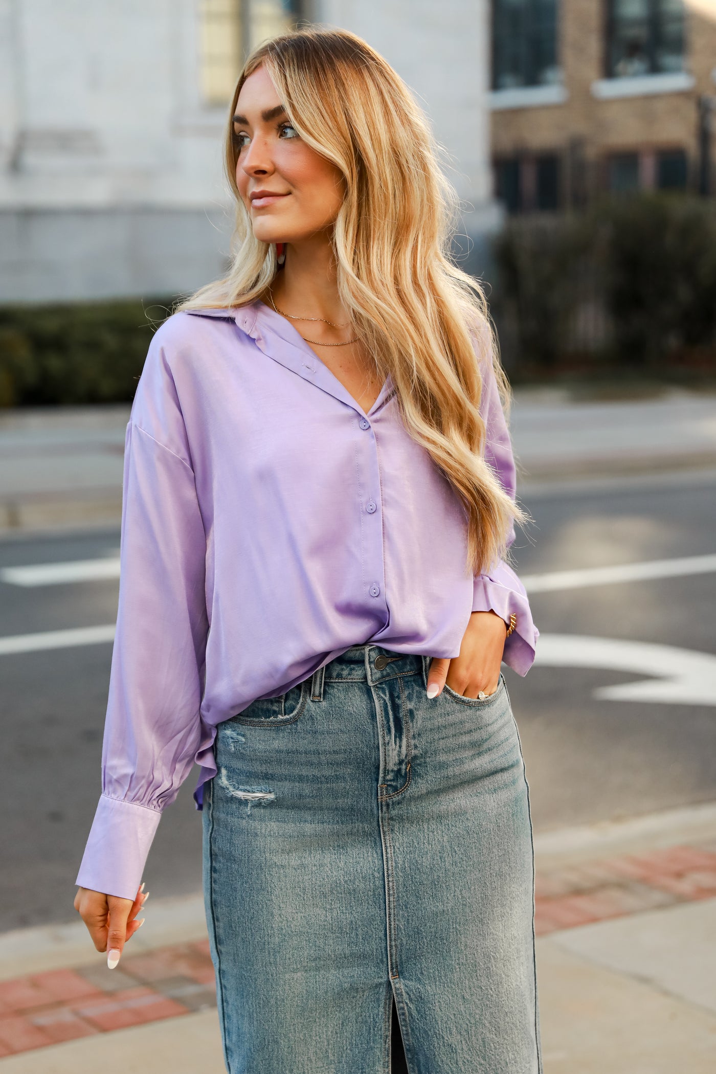 lavender Satin Button-Up Blouse on model