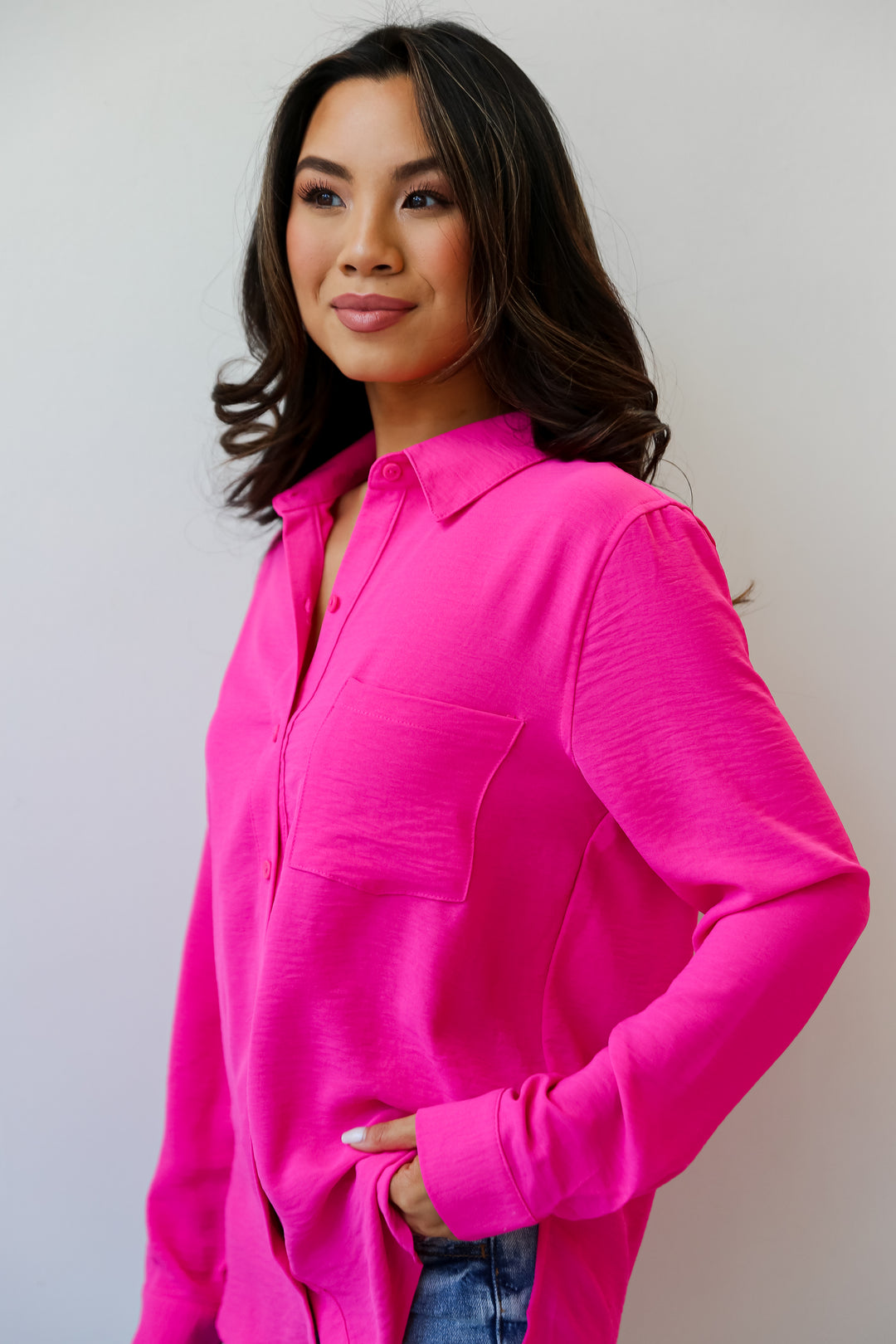 trendy pink Button-Up Blouse